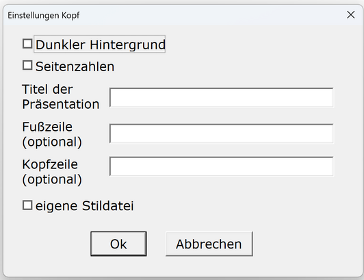 Dialogfeld Kopf Marp Menü