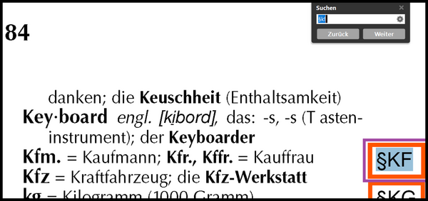 Screenshot des Suchfeldes mit der Eingabe „§kf“. Das PDF-Dokument ist zur passenden Textbox gesprungen, die als „§KF“ rechts im Dokument hervorgehoben ist. Das Bild ist von einem schwarzen Rahmen umgeben.