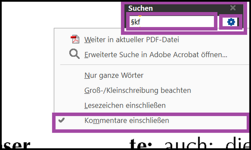 Datei:Nachschlagewerke im PDF-Format am PC mit Adobe Acrobat Abb06 Suchfeld Kommentare einschliessen.png