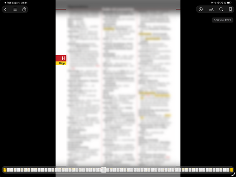 Ein Bildschirmfoto einer Seite des Dudens, unten Leiste zum Blättern mit Touchgesten, links rotes Feld mit alphabetischem Kürzel H